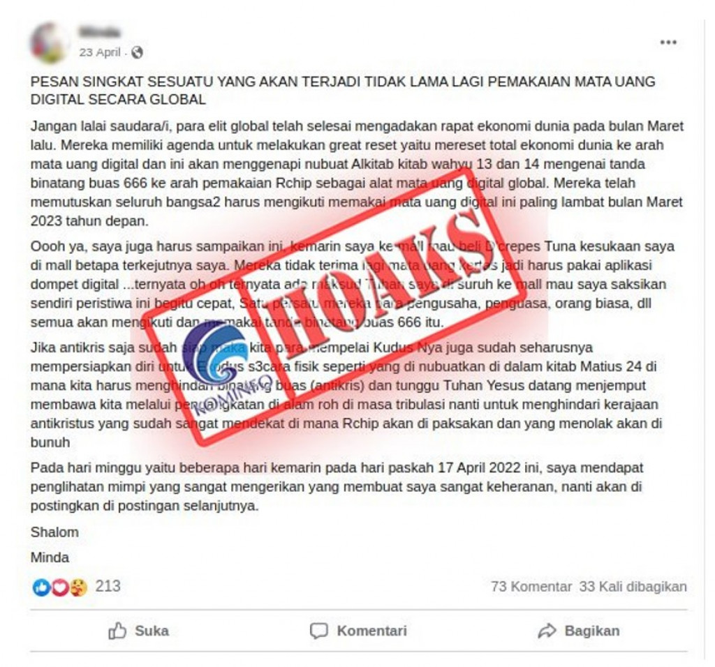 [HOAKS] Mulai Maret 2023 Semua Negara Harus Memakai Mata Uang Digital