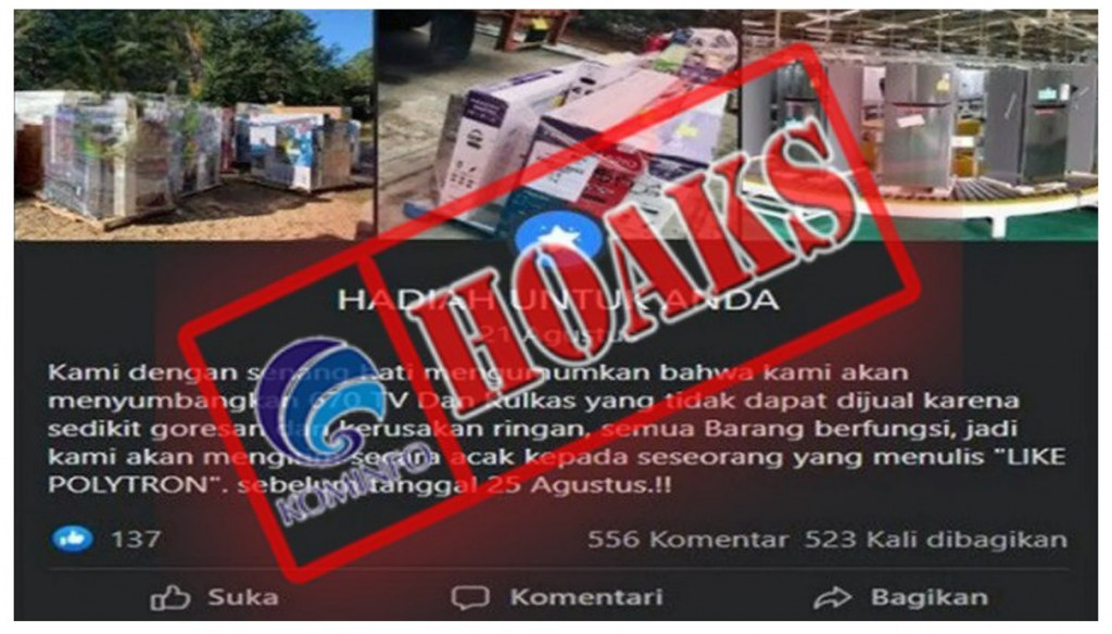 [HOAKS] Polytron Bagi-Bagi 670 TV dan Kulkas Gratis Lewat Facebook