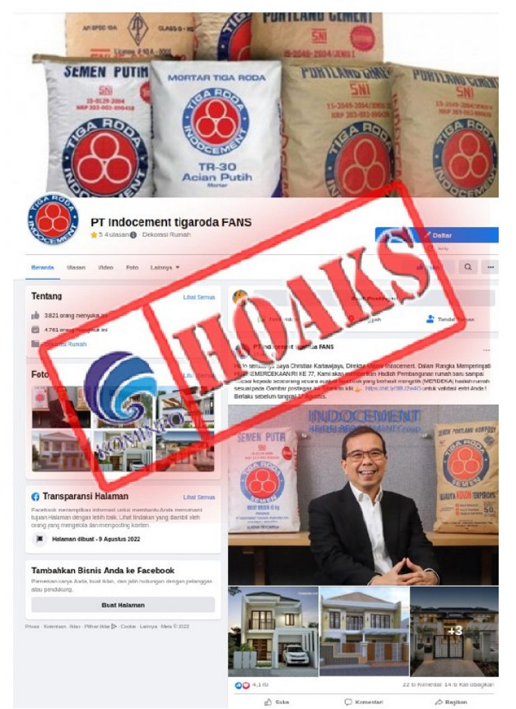 [HOAKS] Akun Facebook Mengatasnamakan PT Indocement Tigaroda