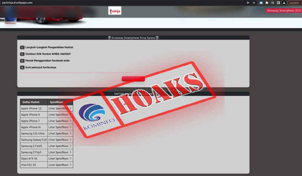 [HOAKS] Link Giveaway Smartphone Mengatasnamakan Ninja Xpress