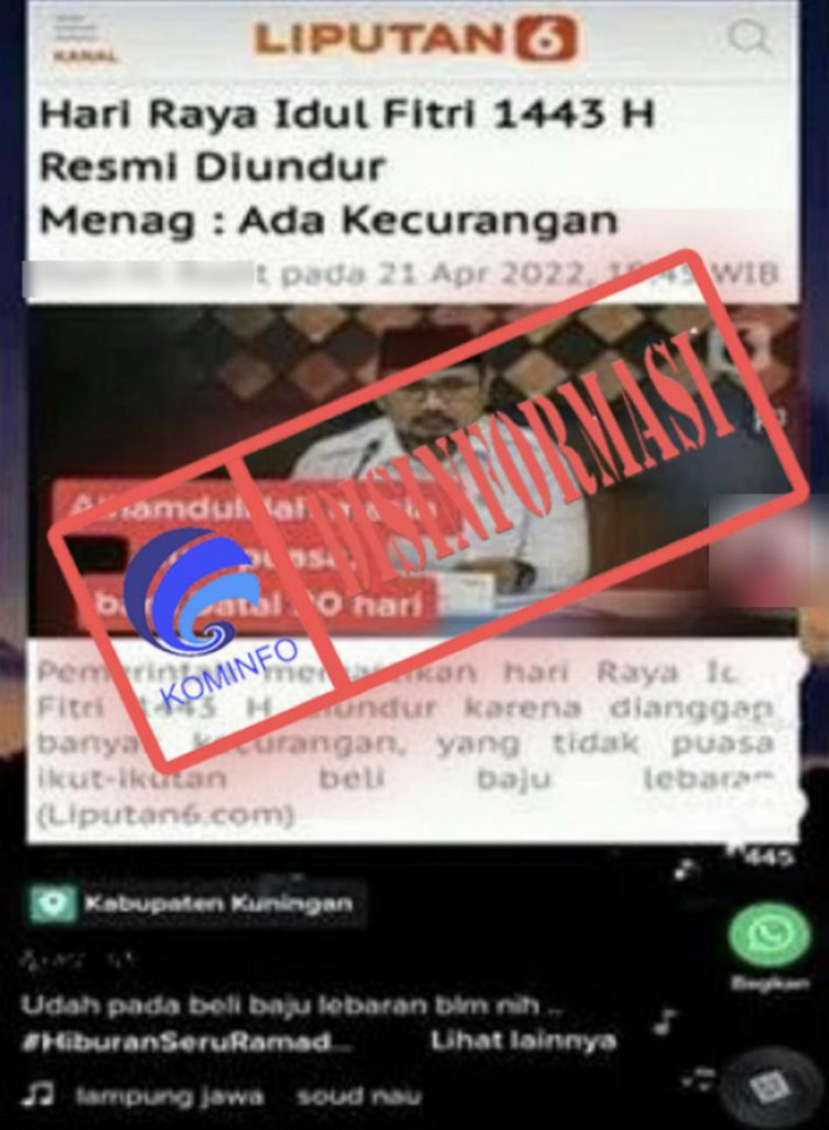 [DISINFORMASI] Artikel Liputan6.com Berjudul "Hari Raya Idul Fitri 1443 H Resmi Diundur Menag: Ada Kecurangan"
