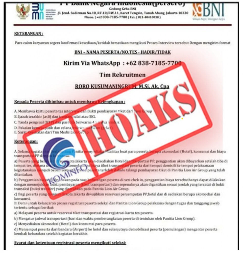 [HOAKS] Surat Pemanggilan Seleksi Pegawai BNI