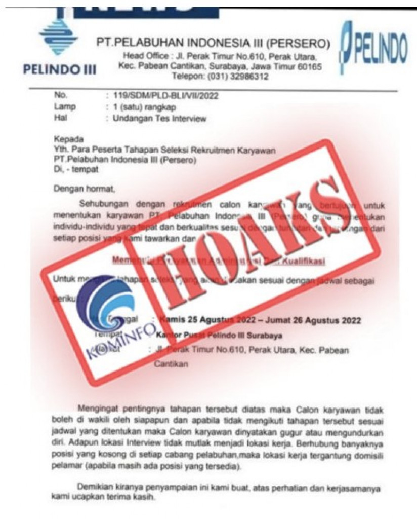 [HOAKS] Undangan Tes Interview Mengatasnamakan Pelindo