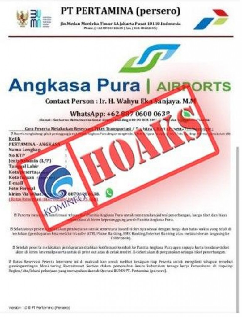 [HOAKS] Lowongan Kerja Mengatasnamakan PT Pertamina (Persero)