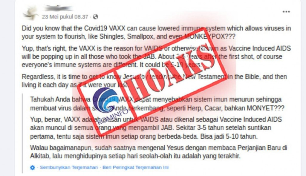 [HOAKS] Penyakit Cacar Monyet adalah Efek Samping Vaksin Covid-19 atau VAIDS