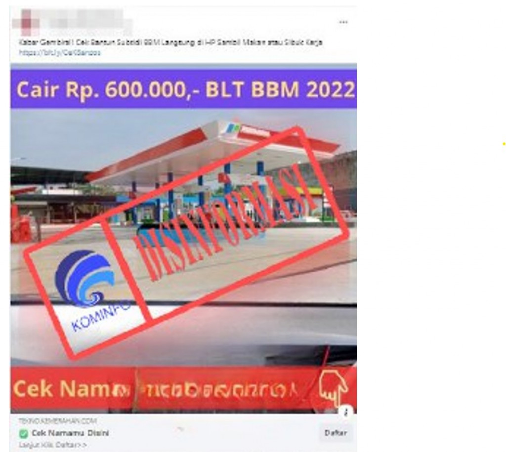 [DISINFORMASI] Tautan Pencairan Bansos Subsidi BBM Tahun 2022