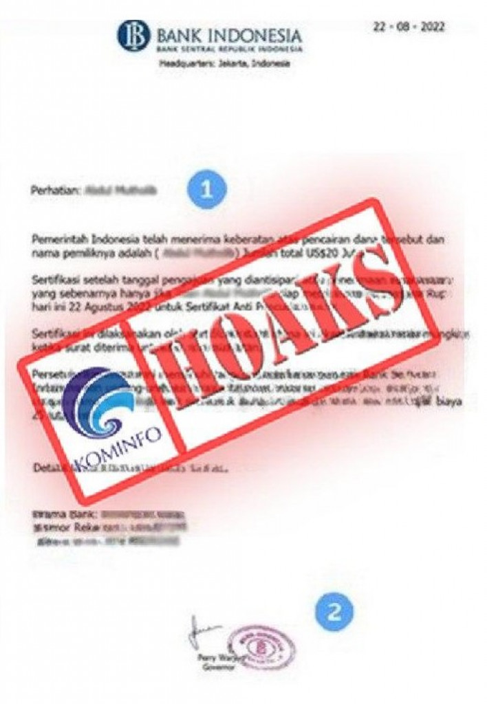 [HOAKS] Pencairan Dana Lewat Dokumen Mengatasnamakan Bank Indonesia