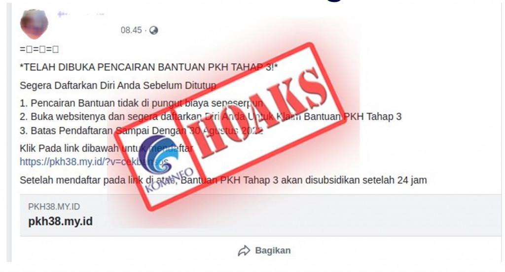 [HOAKS] Tautan Pendaftaran Pencairan PKH Tahap 3 dengan Batas Pendaftaran 30 Agustus 2022