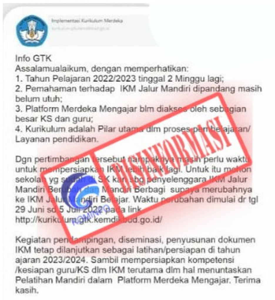 [DISINFORMASI] Perubahan Pilihan pada Implementasi Kurikulum Merdeka (IKM)