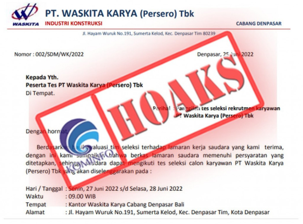 [HOAKS] Panitia Rekrutmen PT Waskita Karya (Persero) Tbk akan Jemput Calon Karyawan Langsung dari Rumah