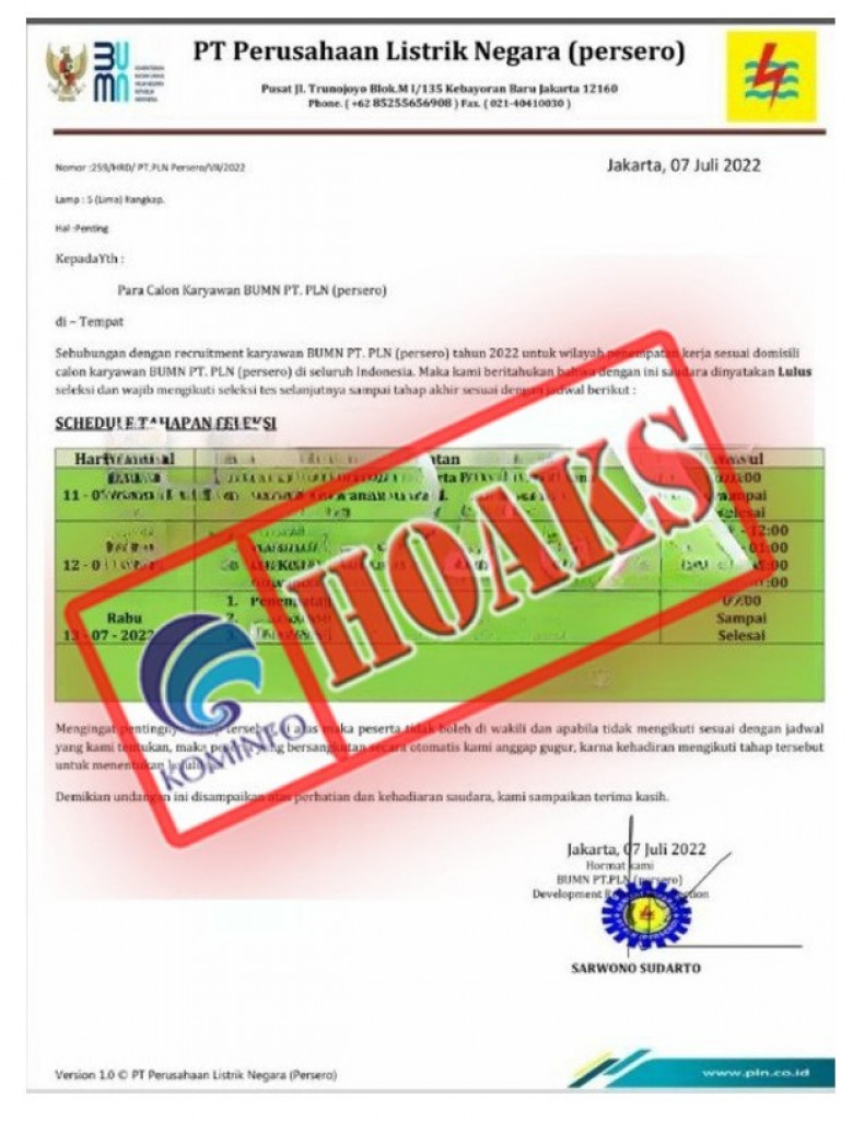 [HOAKS] Surat Panggilan Tes Calon Karyawan PT PLN (Persero) Tertanggal 7 Juli 2022