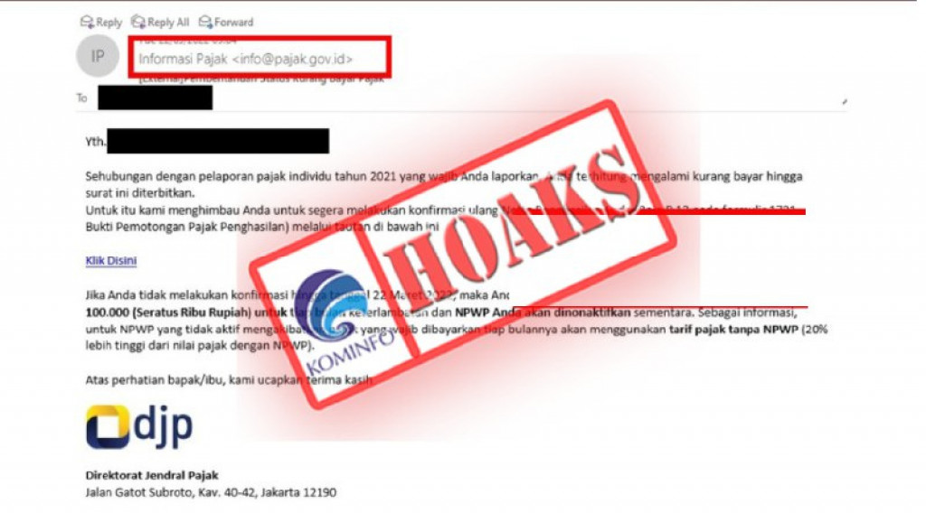 [HOAKS] Surat Elektronik Mengatasnamakan Direktorat Jenderal Pajak