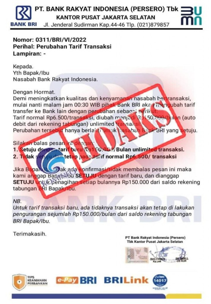 [HOAKS] Surat Kebijakan Tarif Transaksi BRI September 2022