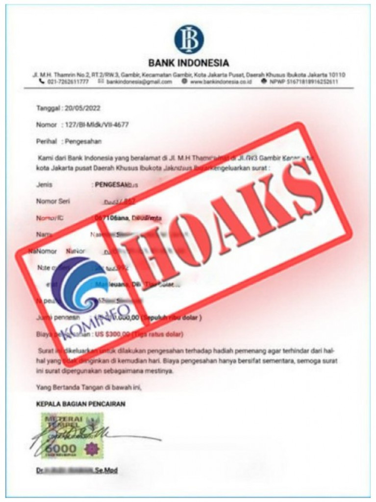 [HOAKS] Surat Pemberitahuan Pemenang Hadiah Mengatasnamakan Bank Indonesia