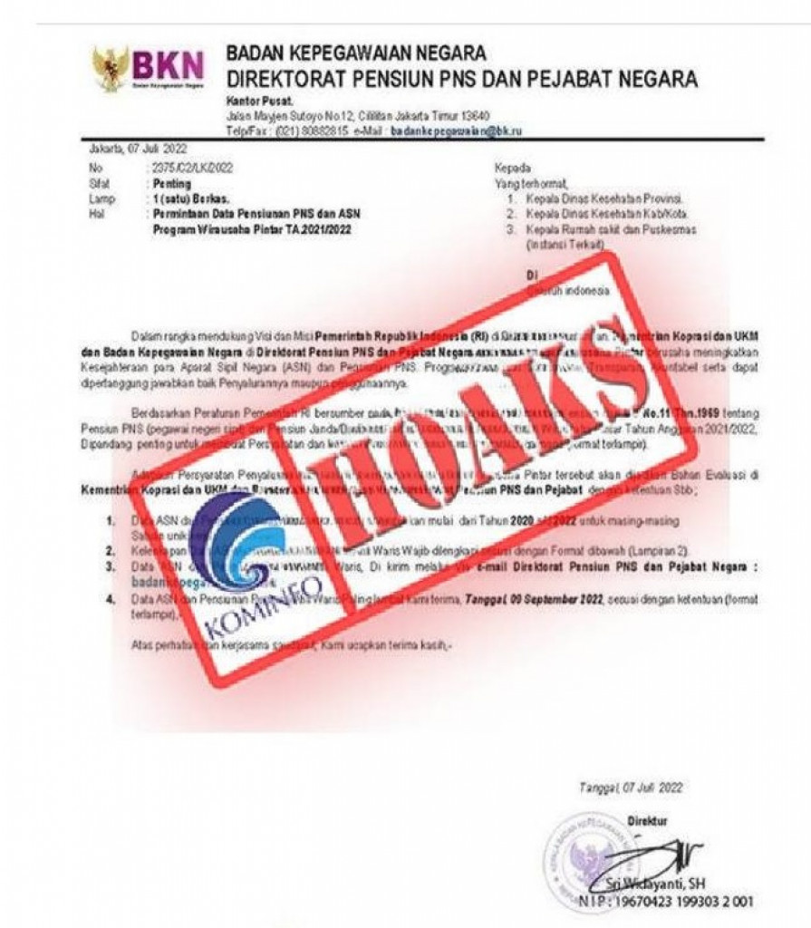 [HOAKS] Surat Permintaan Data Pensiunan PNS dan ASN Terkait Program Wirausaha Pintar Mengatasnamakan BKN