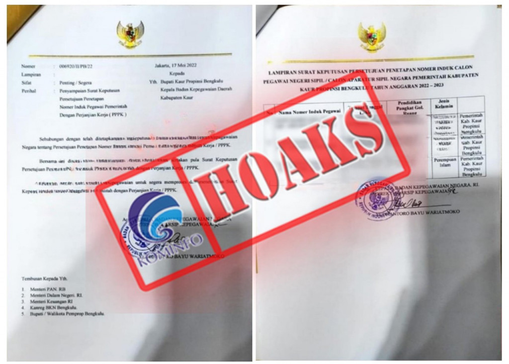 [HOAKS] Surat Persetujuan Penetapan Nomor Induk PPPK Mengatasnamakan BKN