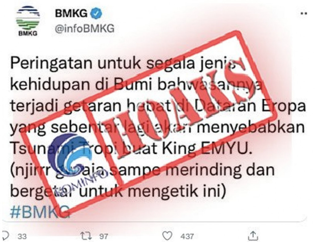 [HOAKS] Cuitan BMKG “Tsunami Tropi buat King EMYU”