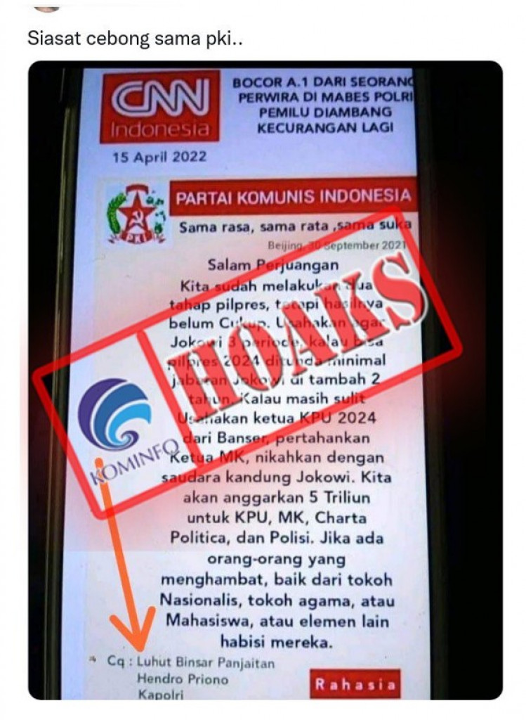 [HOAKS] PKI Anggarkan Rp5 Triliun Demi Muluskan Jokowi Tiga Periode