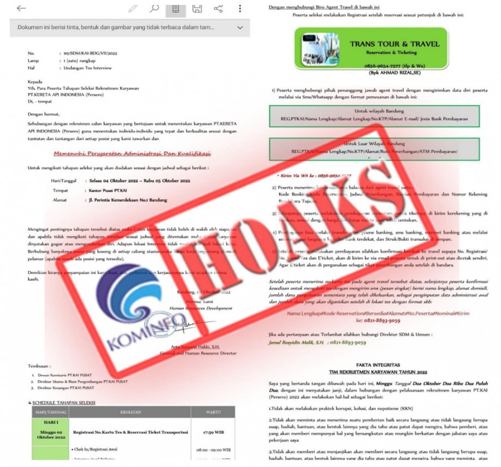 [HOAKS] Undangan Tes Interview Mengatasnamakan PT Kereta Api Indonesia (Persero)