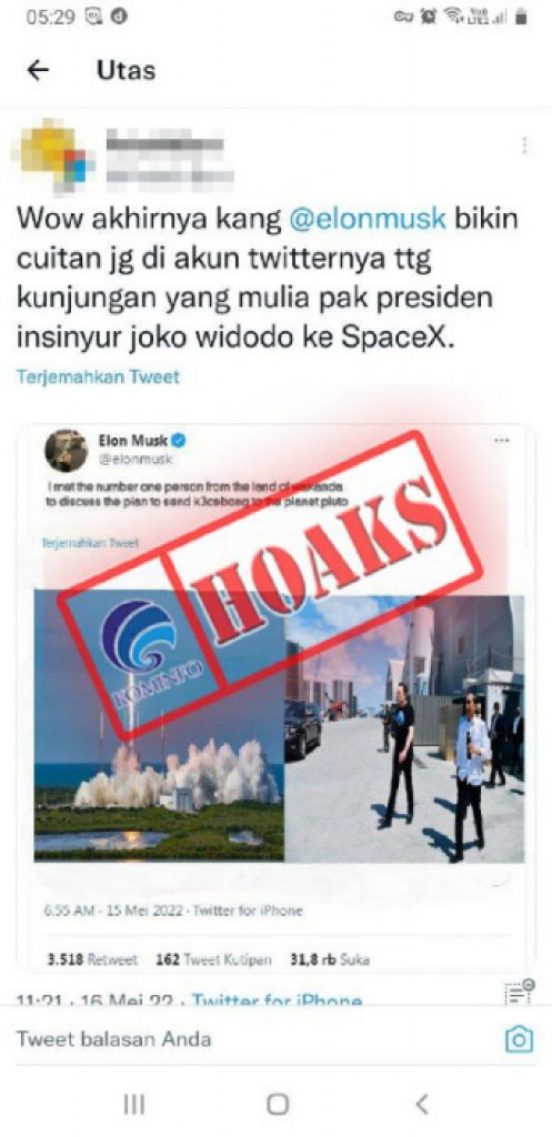[HOAKS] Unggahan Twitter Elon Musk Pasca Kunjungan Presiden Jokowi