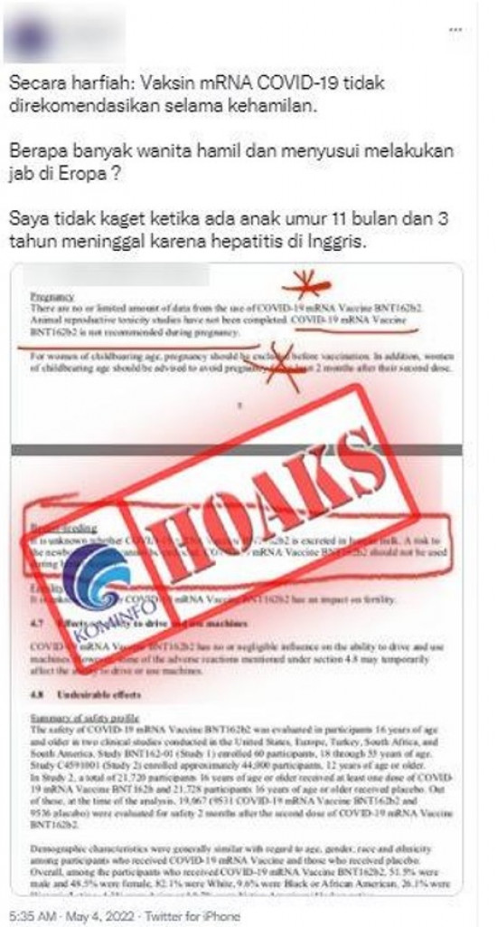 [HOAKS] Vaksin mRNA Tidak Direkomendasikan Selama Kehamilan