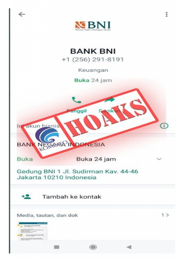 [HOAKS] Akun WhatsApp Mengatasnamakan BNI
