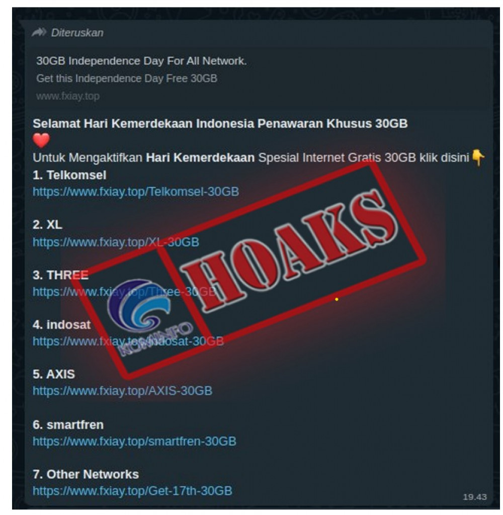 [HOAKS] Tautan Kuota Internet Gratis 30GB Hari Kemerdekaan RI dari Berbagai Operator Seluler