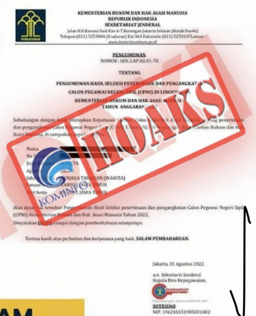 [HOAKS] Surat Pengumuman Hasil Seleksi Penerimaan dan Pengangkatan CPNS Kemenkumham Tahun 2022