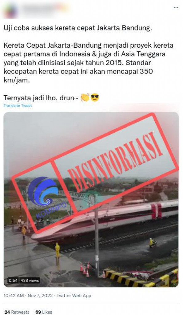 [DISINFORMASI] Uji Coba Sukses Kereta Cepat Jakarta-Bandung Menjadi Proyek Kereta Cepat Pertama di Asia Tenggara