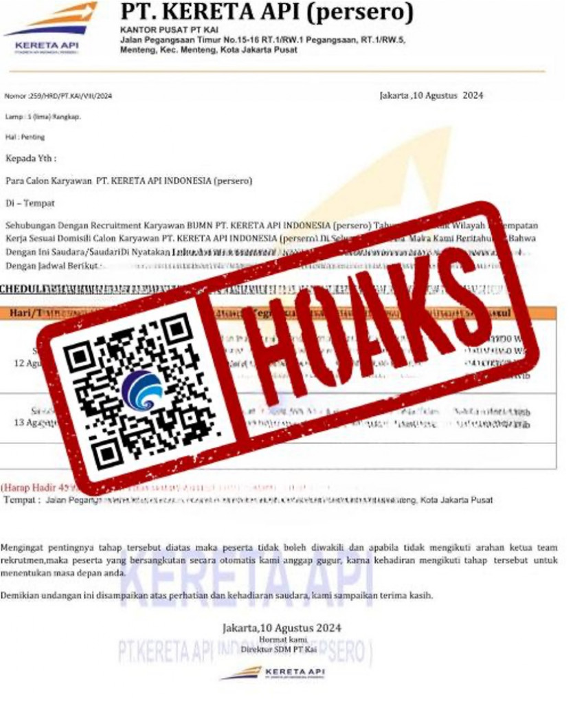 [HOAKS] Surat Panggilan Seleksi Calon Karyawan PT KAI Tahun 2024