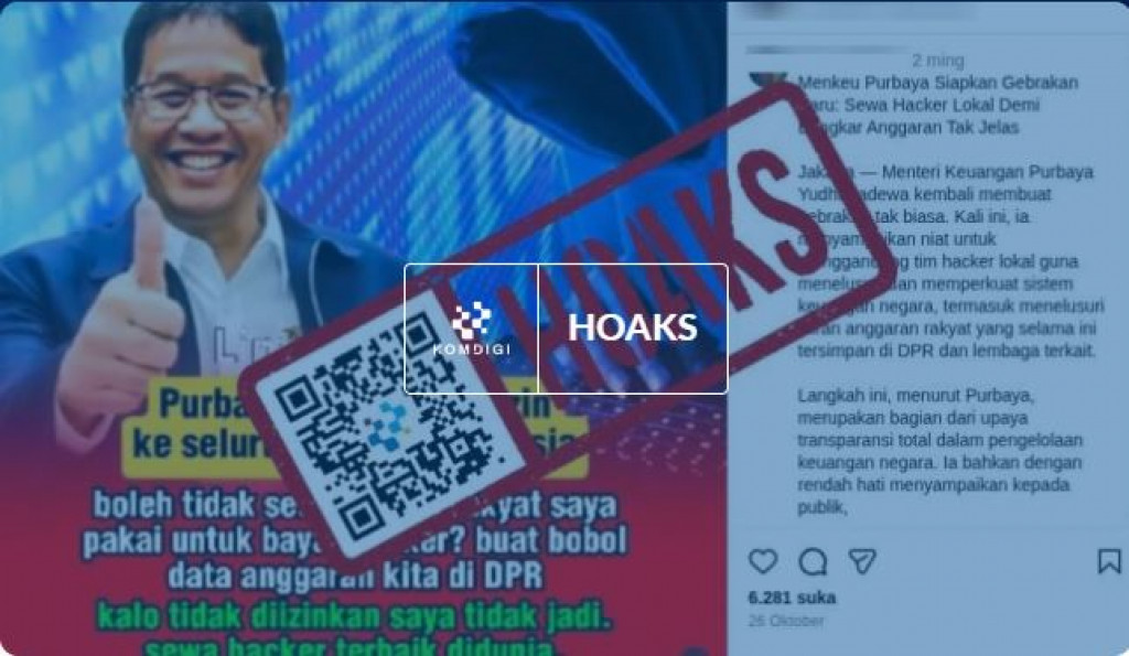 [HOAKS] Purbaya Sewa Hacker untuk Bongkar Anggaran DPR RI