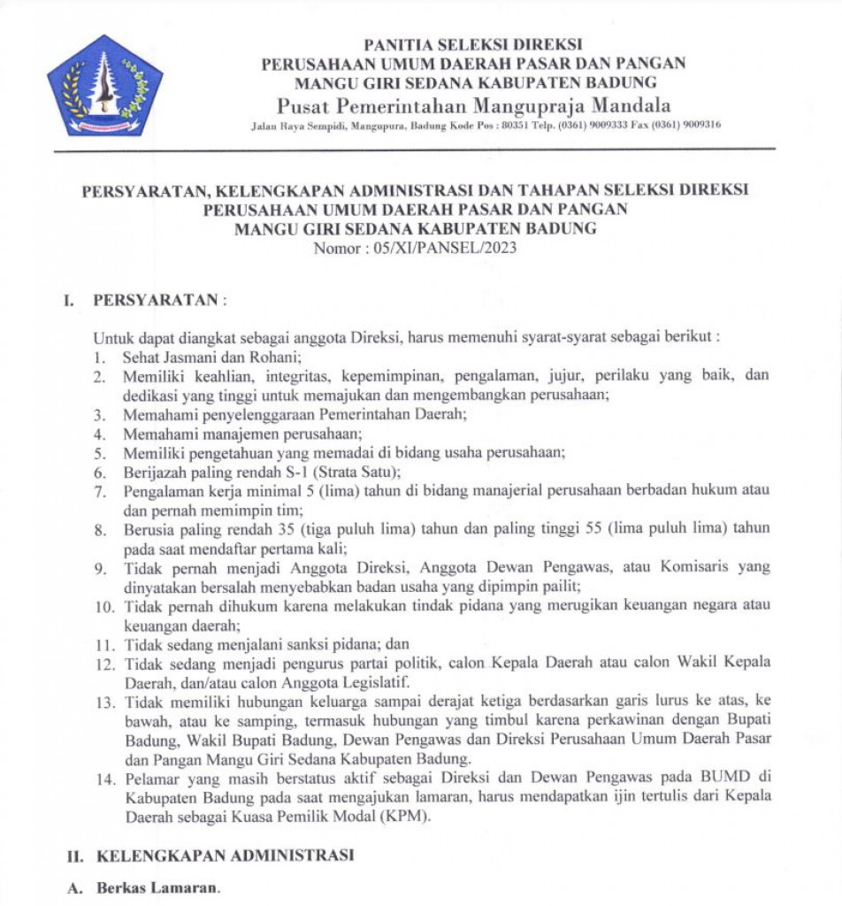 Persyaratan Pendaftaran Seleksi Direksi Perusahaan Umum Daerah Pasar dan Pangan Mangu Giri Sedana Kabupaten Badung