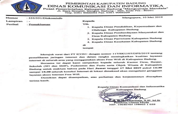 Pemadaman Akses Free Wifi Kab Badung