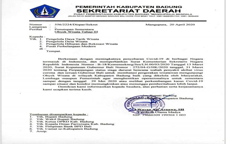 Penutupan Sementara Obyek Wisata Tahap III di Kabupaten Badung