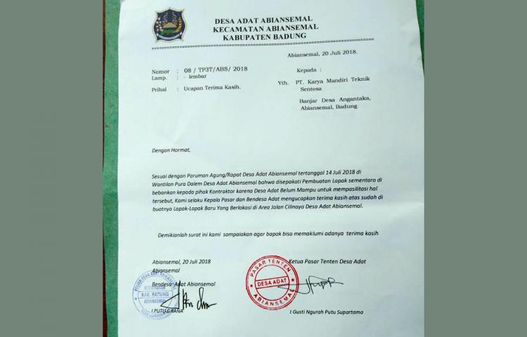 Apresiasi Desa Adat Abiansemal Kepada Kontraktor Pasar Ten Ten