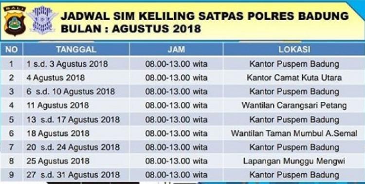 Jadwal SIM Keliling Badung Agustus 2018