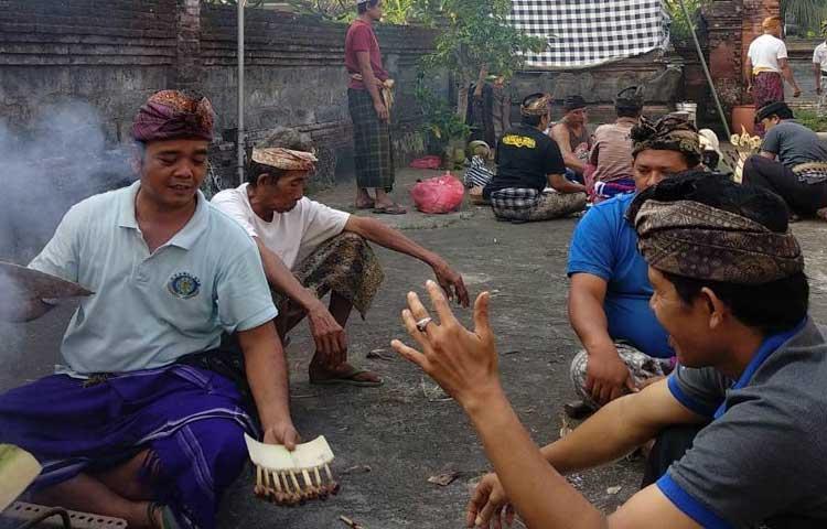 Menyambut Hari Raya Saraswati,  Pratisentana Bendesa Manik Mas Di Banjar Keraman Ngayah Mebat Di Jaba Tengah Pura Mas(Pura Kawitan)