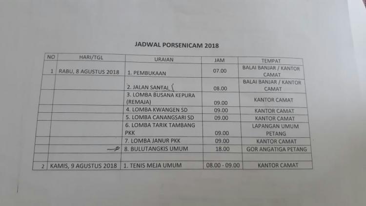 RESMI,INI DIA JADWAL PORSENICAM KECAMATAN PETANG 2018