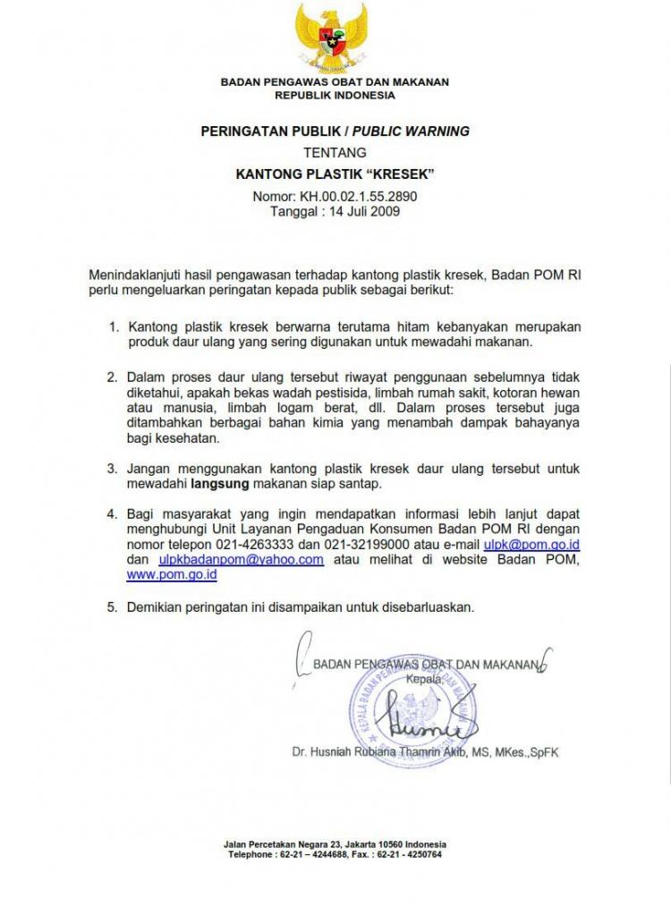 "PUBLIC WARNING"  Mengenai Kantong Palstik "KRESEK"