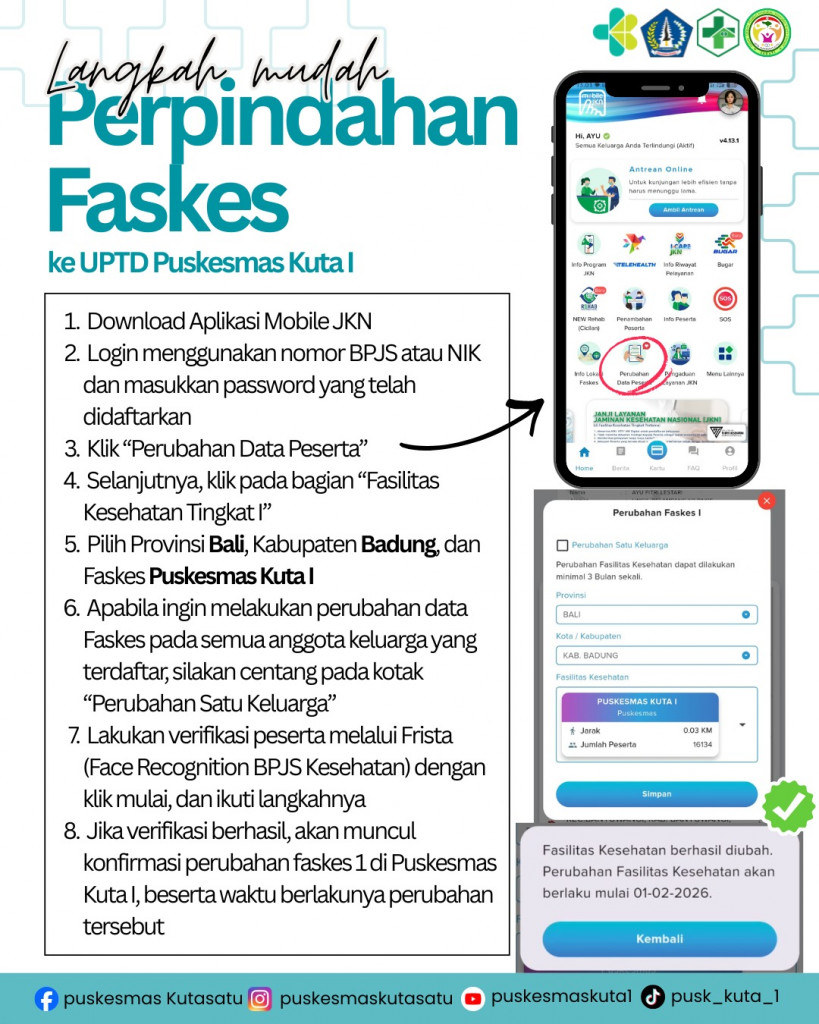 Cara Perpindahan Fasilitas Kesehatan ke UPTD Puskesmas Kuta I melalui Aplikasi Mobile JKN