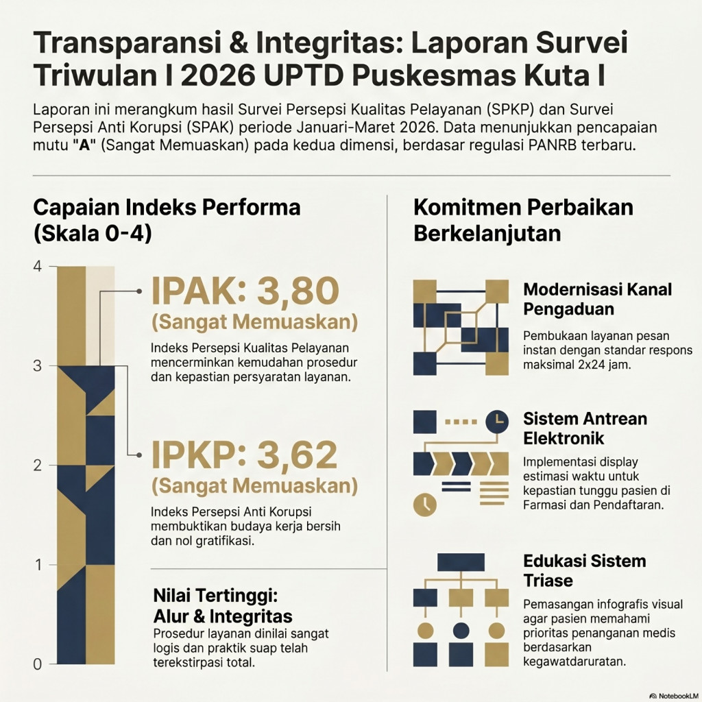 Capaian Triwulan I 2026: UPTD Puskesmas Kuta I Raih Predikat "Sangat Memuaskan" dalam Kualitas Pelayanan dan Integritas Anti Korupsi